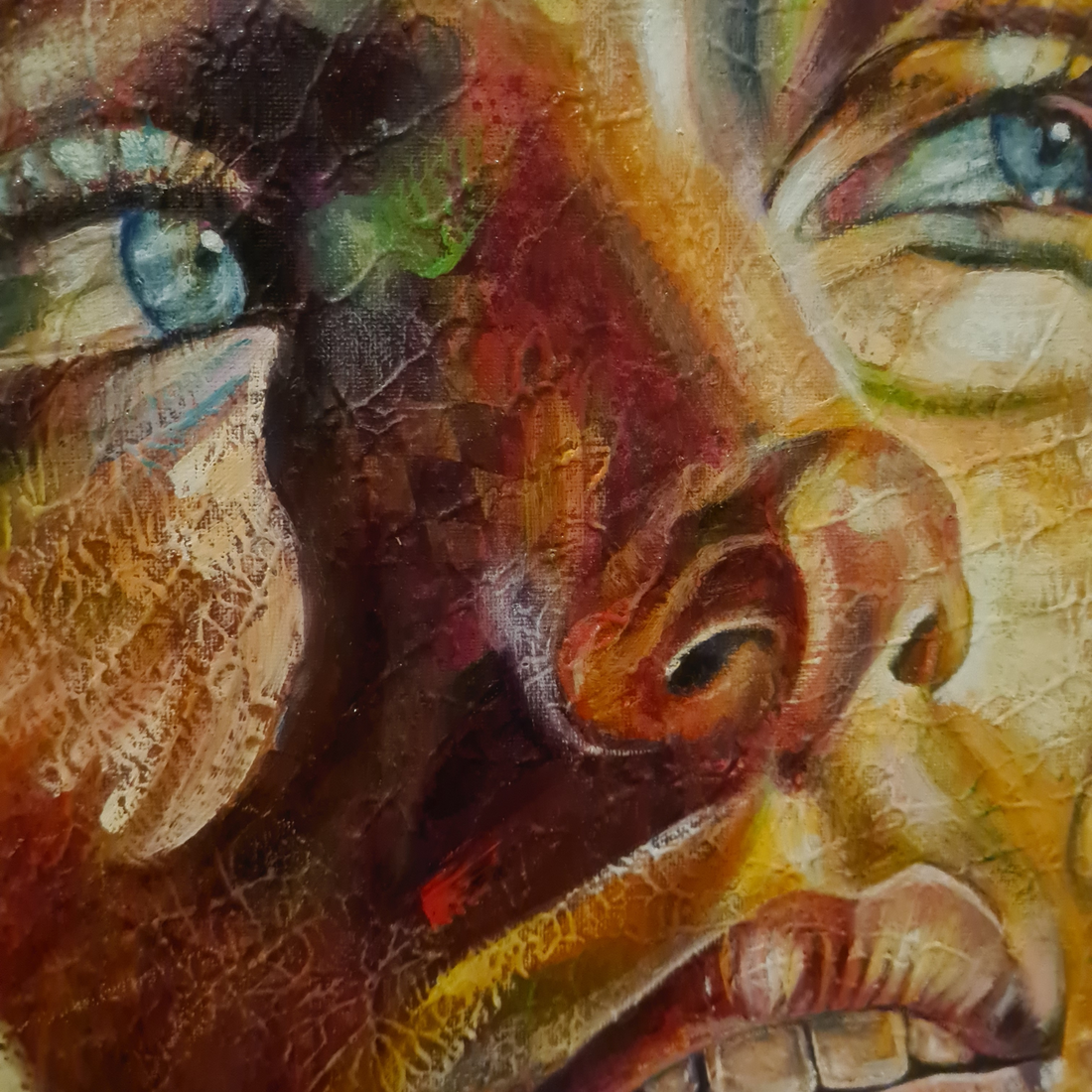 original oilpainting artful woman in light dark heaven trust beautiful blue eyes handsigned abstract realism mixed media