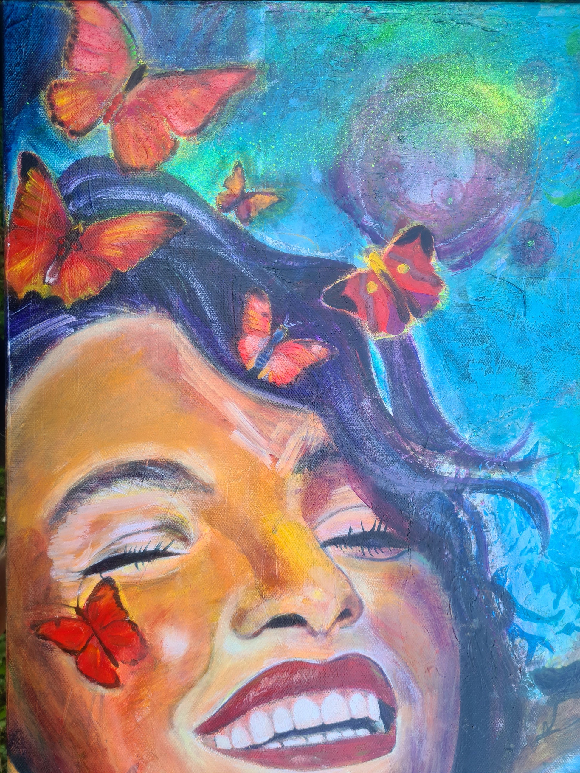 modern art close-up of joyful woman with butterflies