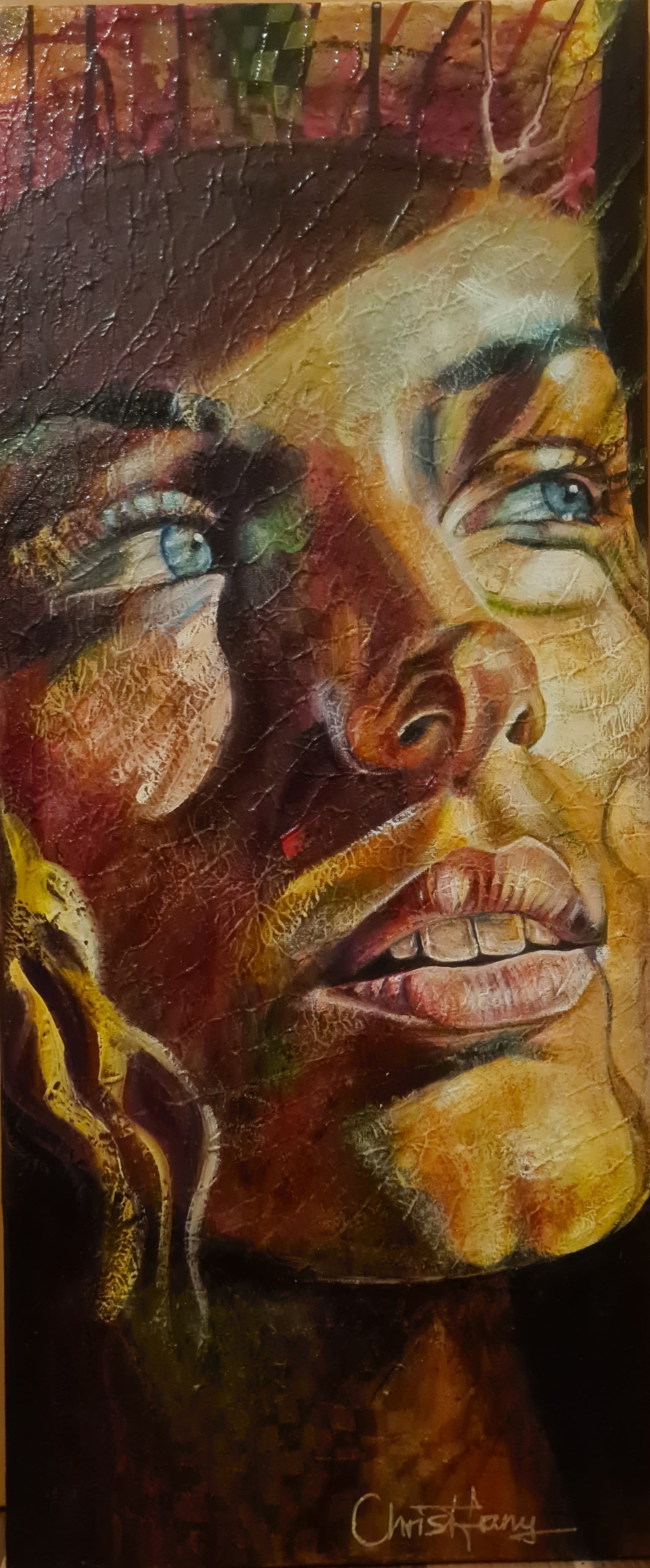 original oilpainting artful woman in light dark heaven trust beautiful blue eyes handsigned abstract realism mixed media