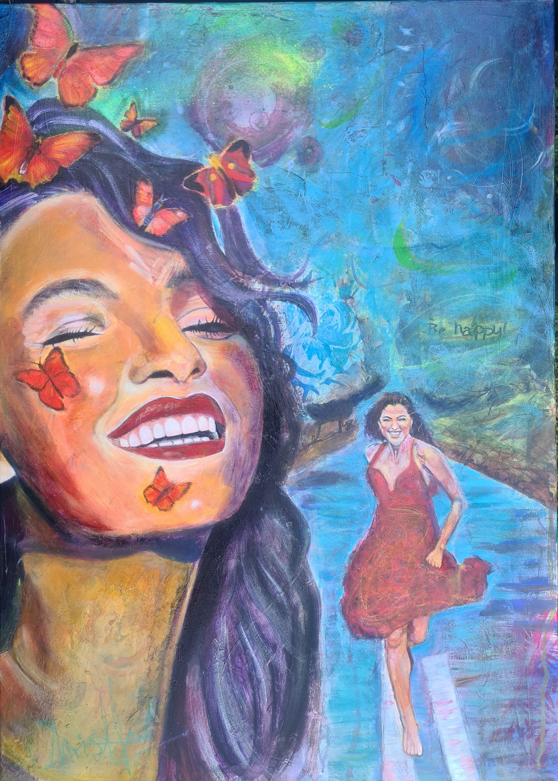 modern art of woman with butterflies hovering
