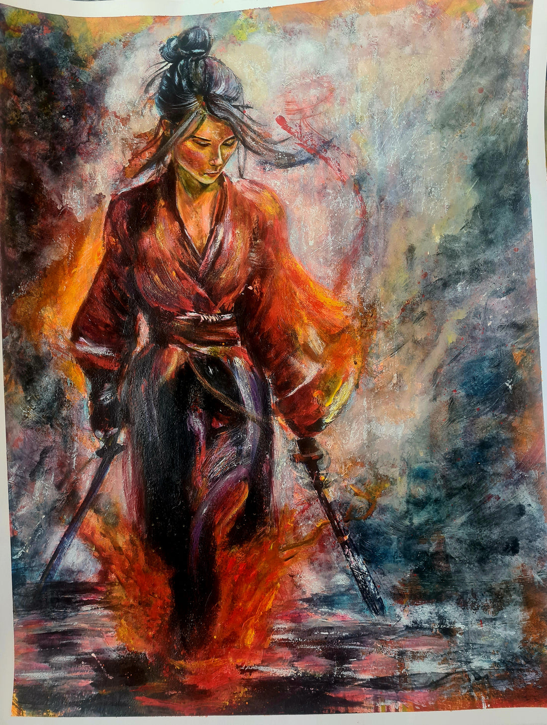 portrait Frau samurai stil mutig rot schwarz ruhe asiatisch schwert